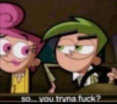 an animated image of two people with pink hair and green eyes talking to each other