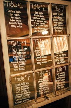 an old window with chalk writing on the side and numbers written in it for seating