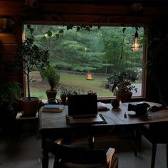 a table with a laptop sitting on top of it in front of a large window