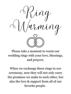 a wedding card with the words ring warming and two intertwined rings in black ink