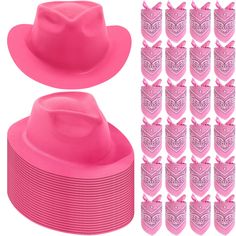 the pink hat is next to many rows of cups with hearts drawn on each side