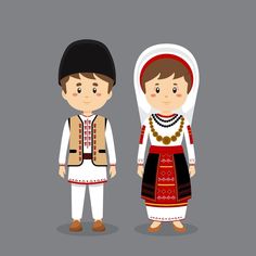 two people dressed in traditional clothing standing next to each other on a gray background illustration