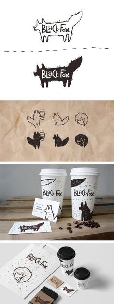 coffee cups with different logos on them and some papers next to them that say black fox