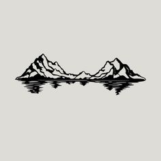 mountains are reflected in the water on a gray background with black and white inks