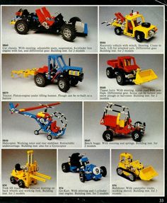 the instructions for lego construction vehicles are shown in this page, with pictures of them