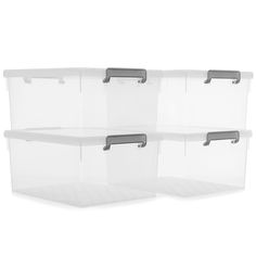 three clear storage bins with handles on each side