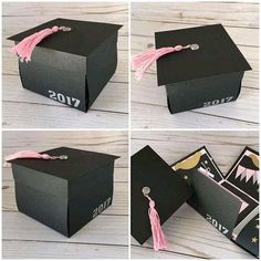 four pictures of graduation caps with tassels on them, one is black and the other is pink