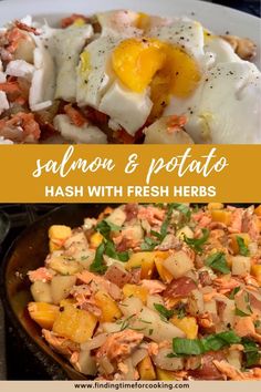 salmon and potato hashbrown with fresh herbs in a skillet on the stove