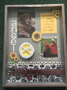 a dog's paw, sunflowers and other items are displayed in a shadow box