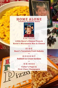 Home Alone Themed Dinner Menu Christmas Movies Theme Dinner, Holiday Movie Dinner Ideas, Home Alone Themed Movie Night, Home Alone Inspired Food, Non Tradition Christmas Dinner, Christmas Dinner Movie Night, Christmas Movie Meal Ideas, Family Themed Dinner Ideas, Christmas Movie Themed Meals