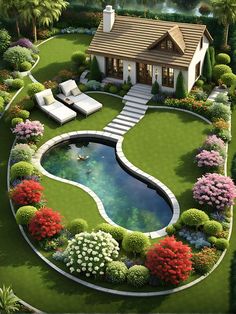 an aerial view of a house with a pool in the middle and landscaping around it