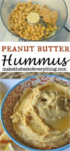 peanut butter hummus in a blue bowl with peanuts on top and the words, peanut butter hummus