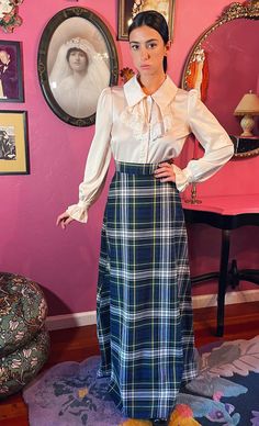 This is a perfectly 60's high waisted full length plaid skirt. it's truly the perfect piece for fall looks bringing those 'the craft' vibes. this doesn't have stretch so please note below for measurements. length 42" waist 25" (could squeeze 26") hips up to 38" Plaid Fall Skirt, Fall Plaid Skirt, Fall Skirt, Fall Plaid, Hip Ups, Fall Skirts, Plaid Skirt, Virtual Closet, Plaid Skirts