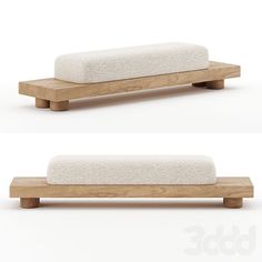 two images of a wooden bench with white cushions