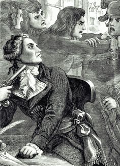 an old black and white drawing of a man sitting in front of other people, talking to each other