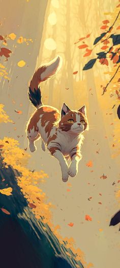 an orange and white cat is flying through the air in front of trees with yellow leaves