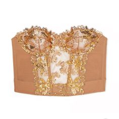 New Very Sexy Gold Sequined Ziggy Glam Floral Embroidery Unlined Corset Top Gold Corset Top, Embroidery Corset, Wing Wing, Embroidery On Tulle, Gold Corset, Gold Bra, Blue Lace Bra, Strapless Bustier, Corset Bra