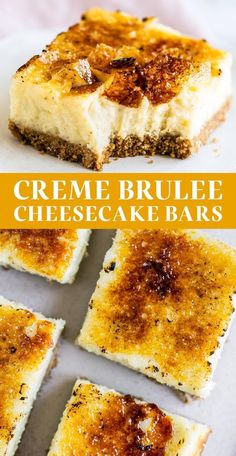 creme brule cheesecake bars on a white plate with text overlay that says creme brule cheesecake bars