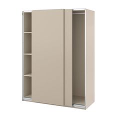 an open cabinet with shelves and doors on the front, in beige colored metal finish