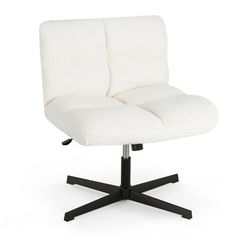 a white office chair with black legs and an upholstered seat cushion on the back