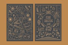 two christmas cards with hand drawn lettering and ornaments in gold, black and white on a brown background