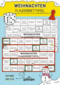 a poster with dices and snowmen on it, including the words in german