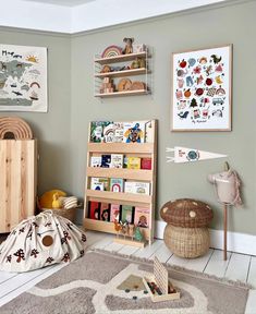 a child's room with bookshelves and toys