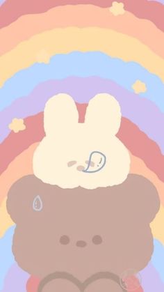 a teddy bear sitting on top of a rainbow colored background with stars and clouds in the sky