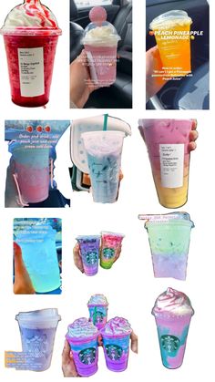 several different types of drinks in plastic cups