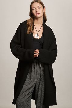 65% recycled polyester, 13% nylon, 13% acrylic, 6% wool, 3% elastane Roll collar Open front Hand wash Imported | The Mariel Longline Cardigan Sweater by Anthropologie in Black, Women's, Polyester/Nylon/Wool Unique Women Tops, Longline Sweater, Lacy Tops, Rolled Collar, Longline Cardigan, Wrap Cardigan, 50 Fashion, Business Fashion, Women's Tops