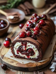 a chocolate roll with cherries and cream filling sitting on a cutting board next to other desserts