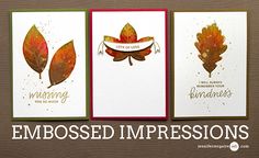 three cards with leaves on them and the words embossed impressionss written below