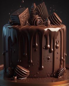 a chocolate cake with icing drizzled on the top and toppings