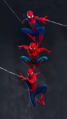 three spider - man flying through the air with their hands together