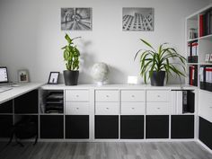 a white and black office with plants on the desk, bookshelves and shelves