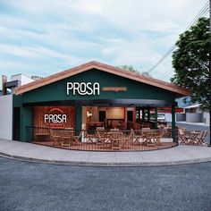 the outside of a restaurant with tables and chairs