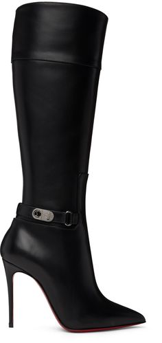 Buy from $1795.00: Handcrafted knee-high buffed calfskin boots in black. · Pointed toe · Logo-engraved ankle strap · Zip closure at inner side · Covered stiletto heel with rubber injection · Signature red leather sole · Heel: H4 in Supplier color: Black Boots With A Heel, High Heeled Boots Aesthetic, Louboutin Boots Ankle, Black Pointy Boots, Black Stiletto Boots, Red Bottom Boots, Knee High Black Boots, Red Bottom High Heels, Louboutin Boots