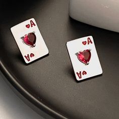 Silver Playing Card Stud Earrings Ace Of Hearts Silver Heart Earrings For Party On Mother's Day, Silver Heart Earrings For Mother's Day Party, Hearts Playing Cards, Ace Of Hearts, Playing Card, Lady In Red, Playing Cards, Hip Hop, Jewelry Earrings