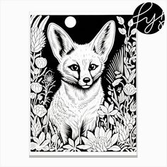 a black and white drawing of a fox surrounded by flowers