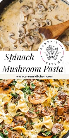 spinach mushroom pasta in a skillet with a wooden spoon and the title overlay reads spinach mushroom pasta