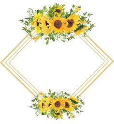 sunflowers with green leaves and gold geometric frame