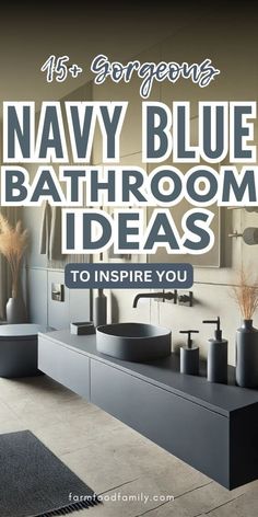 a bathroom with blue and gray decor on the walls