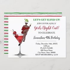 Add your own wording to the template. To more customization (font color, font style, add photo, move elements), click on personalize, scroll down and click on the link "click to customize further". Girls Christmas Party Invitations, Christmas Girls Night, Elf Birthday, Ladies Christmas Party, Girls Christmas Party, 95 Birthday, Christmas Bling, Christmas Girls, Mom Party