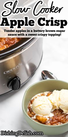 slow cooker apple crisp recipe with scoops in bowl and spoon next to the crock pot