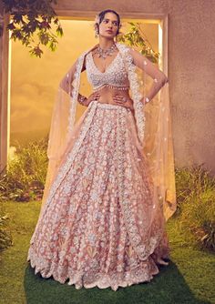 Aneesh Agarwaal-Pale Blush Embroidered Lehenga Set-INDIASPOPUP.COM Organza Lehenga, Indian Bridal Photos, Padded Blouse, Beads Work, Embroidered Lehenga, Sequin Embroidery, Embroidered Dupatta, Bridal Photos