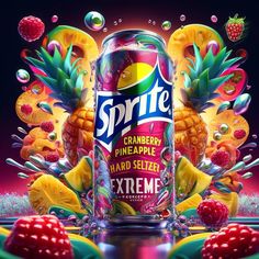 a can of sprite next to some raspberries and pineapples