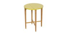 a small yellow table with wooden legs and a round top on an isolated white background