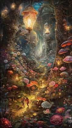 an image of a fantasy scene with mushrooms and lights