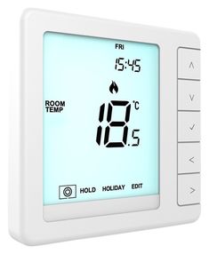 thermostaer with digital display showing time and temperature for each room, isolated on white background