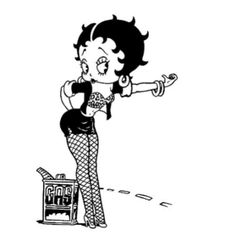 a cartoon drawing of a woman standing on top of a table next to a bag